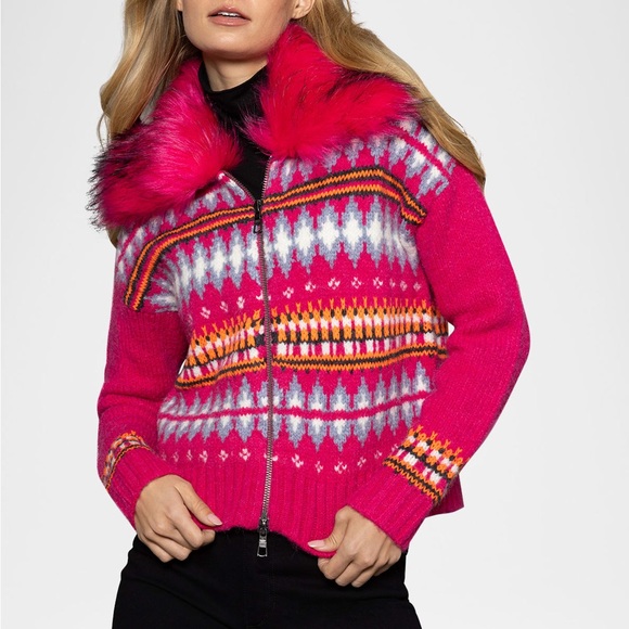 Lisa Todd Sweaters - NEW LISA TODD pink fair isle knit fur trim cardigan